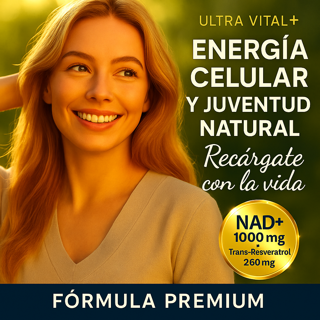 Imagen de un suplemento de NAD+ Ultra Vital+ asociado a energía celular y longevidad, con un diseño premium en tonos azules y dorados que transmite vitalidad, claridad mental y salud mitocondrial.
