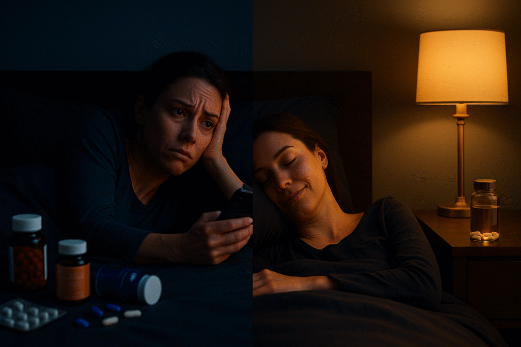 Imagen horizontal 16:9 ultra realista que muestra un dormitorio de noche dividido en dos mitades. En la parte izquierda se ve a una mujer adulta tumbada en la cama, con los ojos abiertos y gesto de ansiedad, iluminada solo por la luz azul del móvil que sostiene en la mano; en la mesita hay varios envases desordenados de pastillas y gominolas para dormir, transmitiendo caos e insomnio. En la parte derecha aparece la misma mujer dormida plácidamente bajo una luz cálida dorada, con la mesita ordenada, solo un vaso de agua y un frasco discreto de cápsulas sin marca, simbolizando el uso responsable de la melatonina y la importancia de los buenos hábitos de sueño. Ideal para ilustrar un artículo sobre melatonina, dosis reales, riesgos ocultos y alternativas para dormir mejor sin poner en riesgo la salud.
