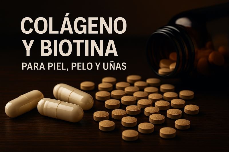 Cápsulas de colágeno y comprimidos de biotina sobre una superficie oscura, con un frasco volcado al fondo y el texto en grande “COLÁGENO Y BIOTINA PARA PIEL, PELO Y UÑAS”, representando suplementos de nutricosmética para la belleza desde dentro
