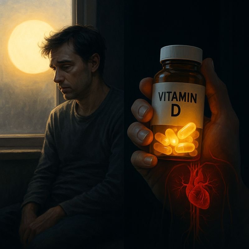 Persona cansada sentada junto a una ventana soleada mientras sostiene en la mano un frasco de cápsulas de vitamina D que brillan intensamente, con un sutil resplandor rojo sobre la zona de los riñones, simbolizando el equilibrio delicado entre déficit y exceso de vitamina D por suplementos.