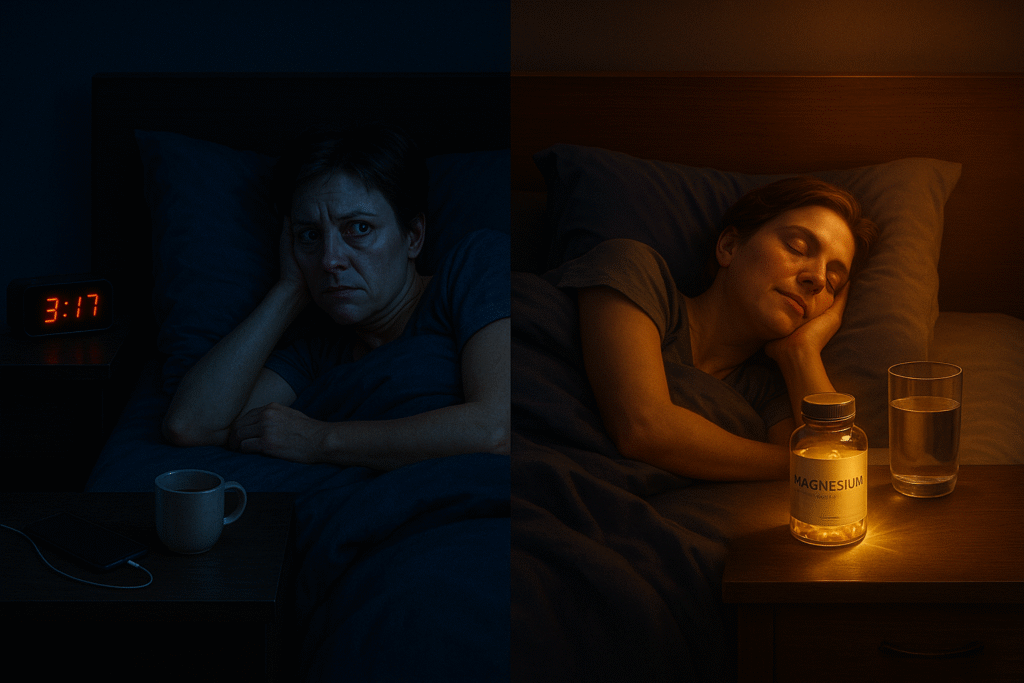 Imagen horizontal 16:9 de estilo editorial y muy impactante, ideal para un artículo sobre magnesio para dormir. La escena muestra el mismo dormitorio dividido en dos: en la mitad izquierda, una persona adulta permanece despierta y tensa en la cama, con ojeras y expresión de ansiedad, mientras un reloj digital rojo marca las 3:17 de la madrugada y la luz azul fría refuerza la sensación de insomnio y nerviosismo. En la mitad derecha, la misma persona aparece durmiendo profundamente, con gesto sereno y el cuerpo relajado bajo una luz cálida dorada; sobre la mesita se ve un frasco de magnesio y un vaso de agua, evocando un suplemento de magnesio para sueño y ansiedad nocturna. La composición crea un potente efecto “antes y después”, perfecto para aumentar el CTR en un post sobre magnesio bisglicinato, insomnio por estrés y sueño reparador.
