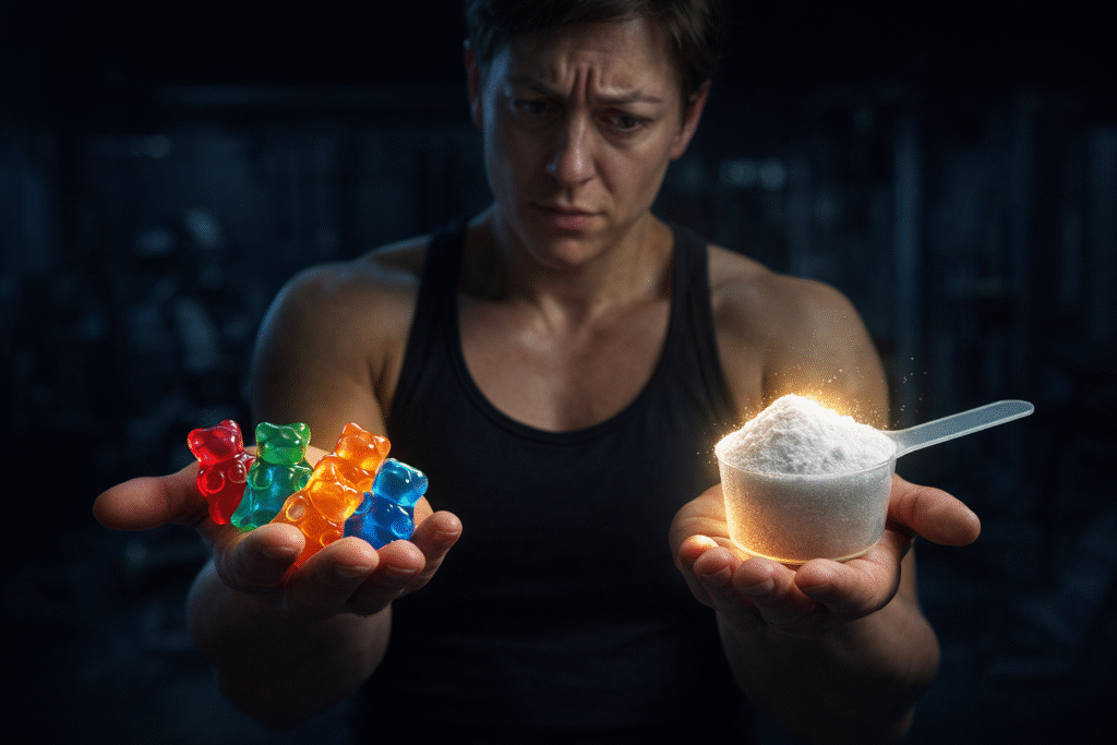 Deportista en un gimnasio sosteniendo en una mano varias gominolas de creatina de colores y en la otra un cacito lleno de creatina en polvo brillante, con gesto de duda, representando la diferencia entre las creatina gummies de moda y la creatina real y eficaz.