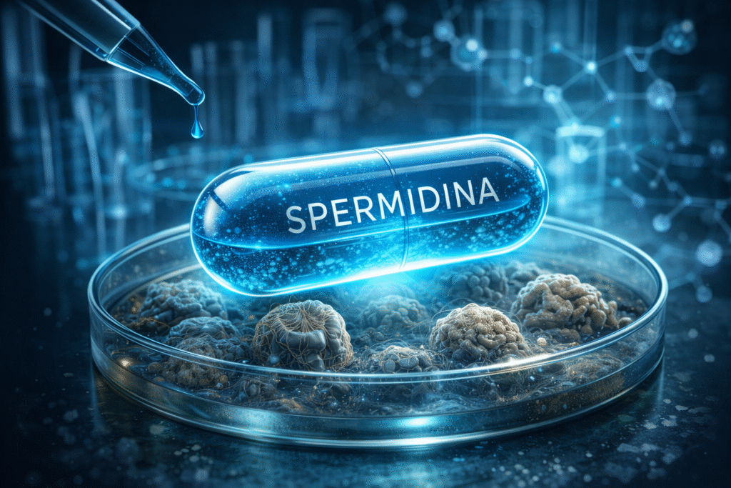 Cápsula transparente de espermidina de color azul brillante suspendida sobre una placa de Petri con células envejecidas y dañadas, en un laboratorio futurista, simbolizando el efecto de la espermidina sobre la autofagia y la longevidad celular.