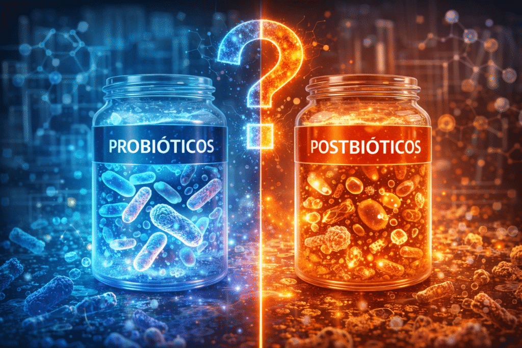 Ilustración de laboratorio con dos frascos de vidrio, uno azul etiquetado como probióticos lleno de bacterias brillantes y otro naranja etiquetado como postbióticos con fragmentos y moléculas luminosas, separados por un gran signo de interrogación, simbolizando la duda entre probióticos y postbióticos para la salud intestinal e inmunidad.