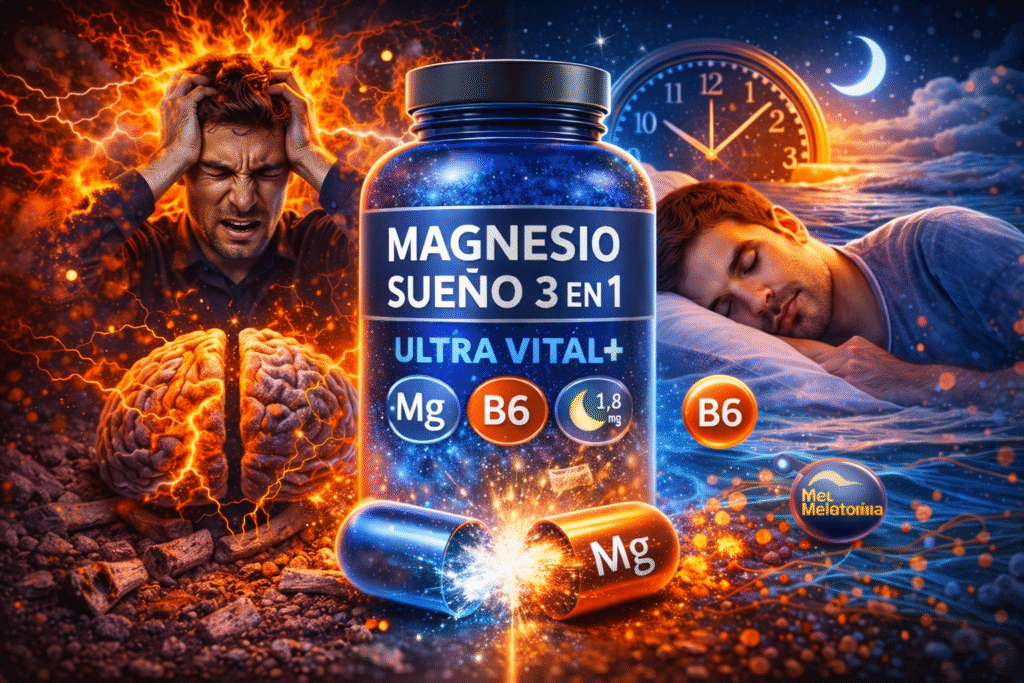 Imagen dividida en dos mitades: a la izquierda, un hombre con gesto de estrés se agarra la cabeza mientras su cerebro aparece rodeado de chispas y fuego; a la derecha, el mismo hombre duerme plácidamente sobre una cama rodeada de mar y cielo estrellado. En el centro destaca un bote azul de Magnesio Sueño 3 en 1 Ultra Vital+ con cápsulas brillantes, simbolizando el paso del estrés al descanso profundo gracias al magnesio, la melatonina y la vitamina B6.