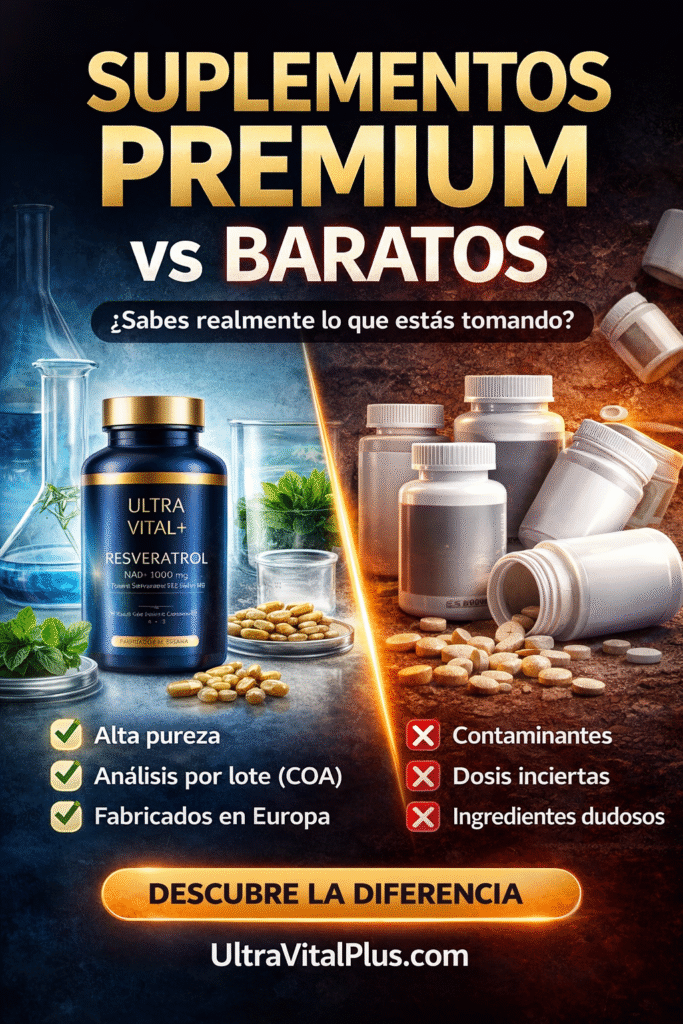 Gráfico comparativo en formato anuncio donde se enfrentan suplementos premium de Ultra Vital+ en tonos azul y dorado, con laboratorio limpio y cápsulas ordenadas, frente a botes genéricos grises tirados sobre una mesa con pastillas dispersas, simbolizando la diferencia entre suplementos de alta pureza y productos baratos con contaminantes e ingredientes dudosos.