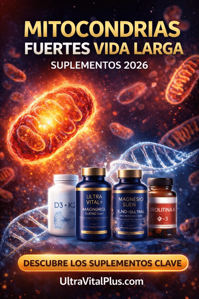 Ilustración digital de alto impacto sobre salud mitocondrial, con una gran mitocondria luminosa en tonos naranja y dorado flotando sobre un fondo cósmico azul, cadenas de ADN brillando y varios frascos de suplementos premium de Ultra Vital+ colocados en primer plano, representando vitamina D3 K2, NAD+, magnesio para el sueño y urolitina A como apoyo a la energía celular y la longevidad.