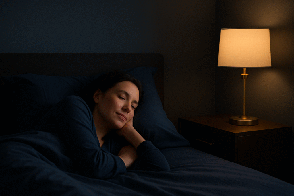 Persona adulta durmiendo profundamente en un dormitorio moderno con luz cálida, simbolizando sueño reparador y descanso nocturno natural.
