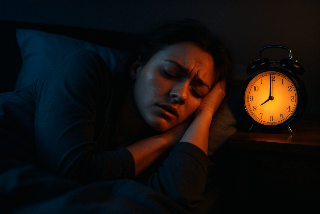 Mujer adulta durmiendo profundamente junto a una lámpara de luz cálida en un dormitorio azul marino, simbolizando sueño reparador y descanso nocturno.