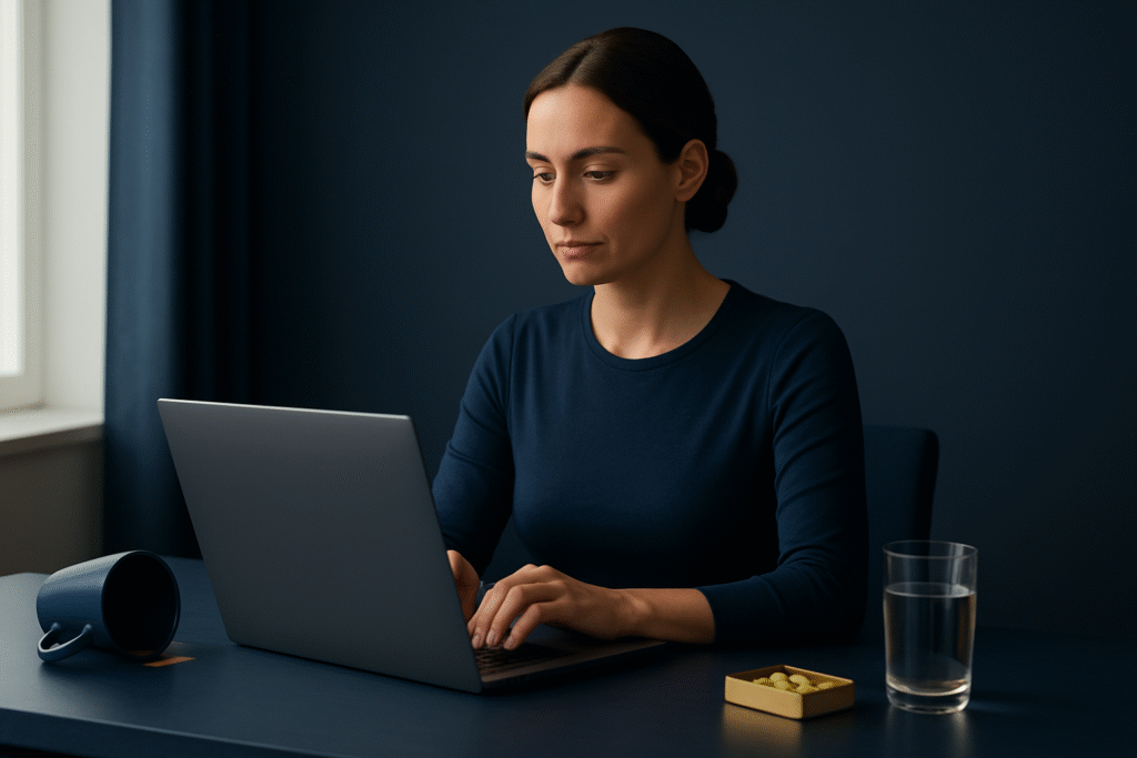 Mujer adulta trabajando concentrada con un portátil en un escritorio azul marino, junto a una taza vacía, un vaso de agua y un pastillero, simbolizando energía limpia sin cafeína y suplementos para la claridad mental.