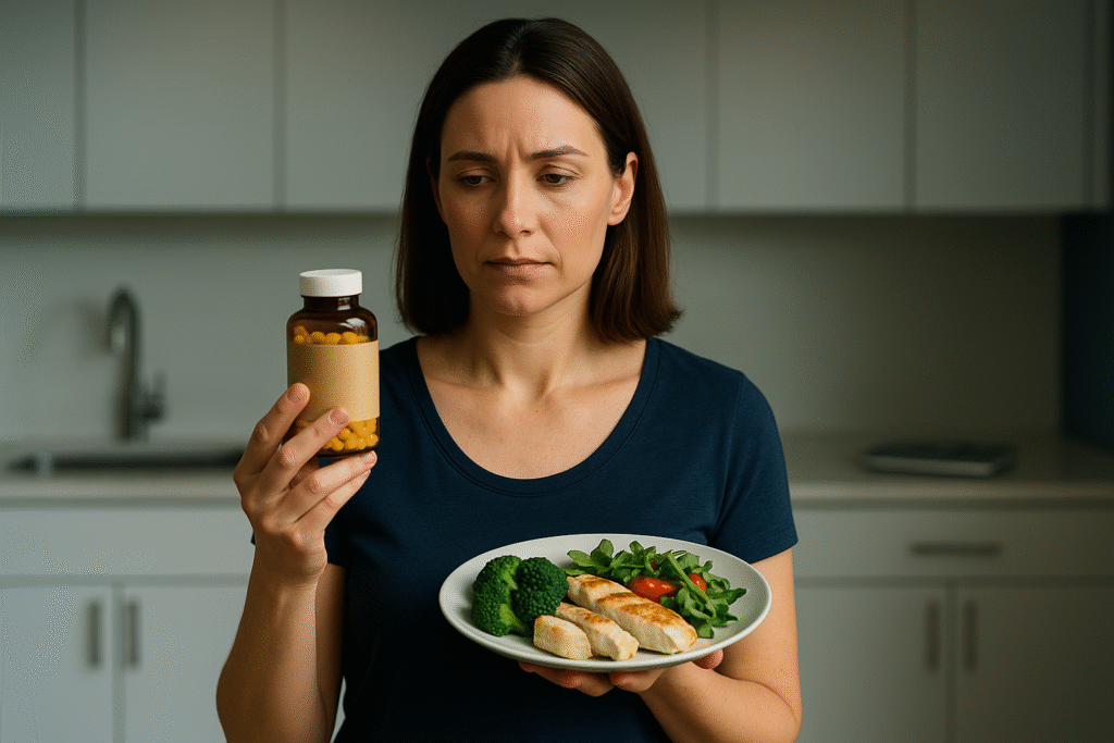 Mujer adulta en una cocina moderna sosteniendo un frasco de cápsulas amarillas en una mano y un plato de comida saludable en la otra, dudando entre suplemento y alimentación real para bajar de peso.