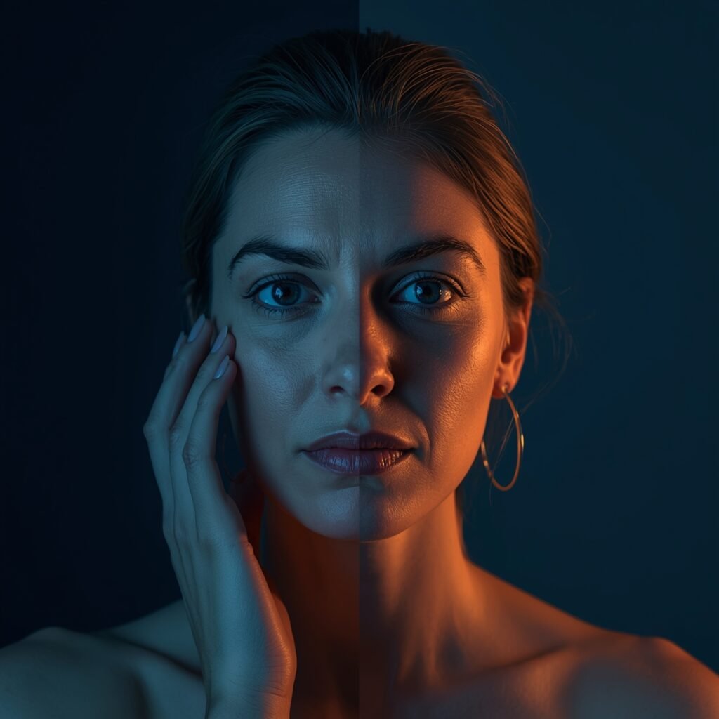 Primer plano de mujer adulta con el rostro dividido en dos mitades, una más apagada y otra más luminosa, simbolizando la cara de cortisol antes y después de reducir el estrés.