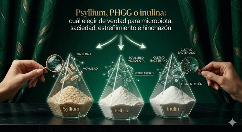 Psyllium, PHGG o inulina: cuál elegir de verdad para microbiota, saciedad, estreñimiento e hinchazón Psyllium, PHGG o inulina: cuál elegir de verdad para microbiota, saciedad, estreñimiento e hinchazón